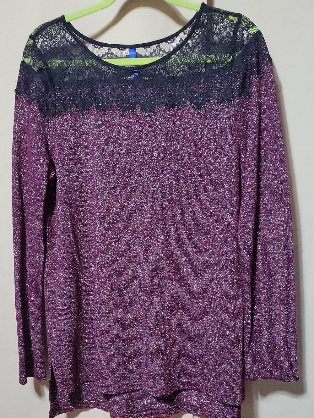 Sparkle Lace Yoke Long-Sleeve Top - Dark Burgundy